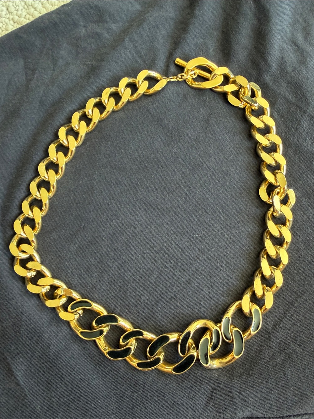 Gold Tone Chunky Chain Necklace with Black Inlay